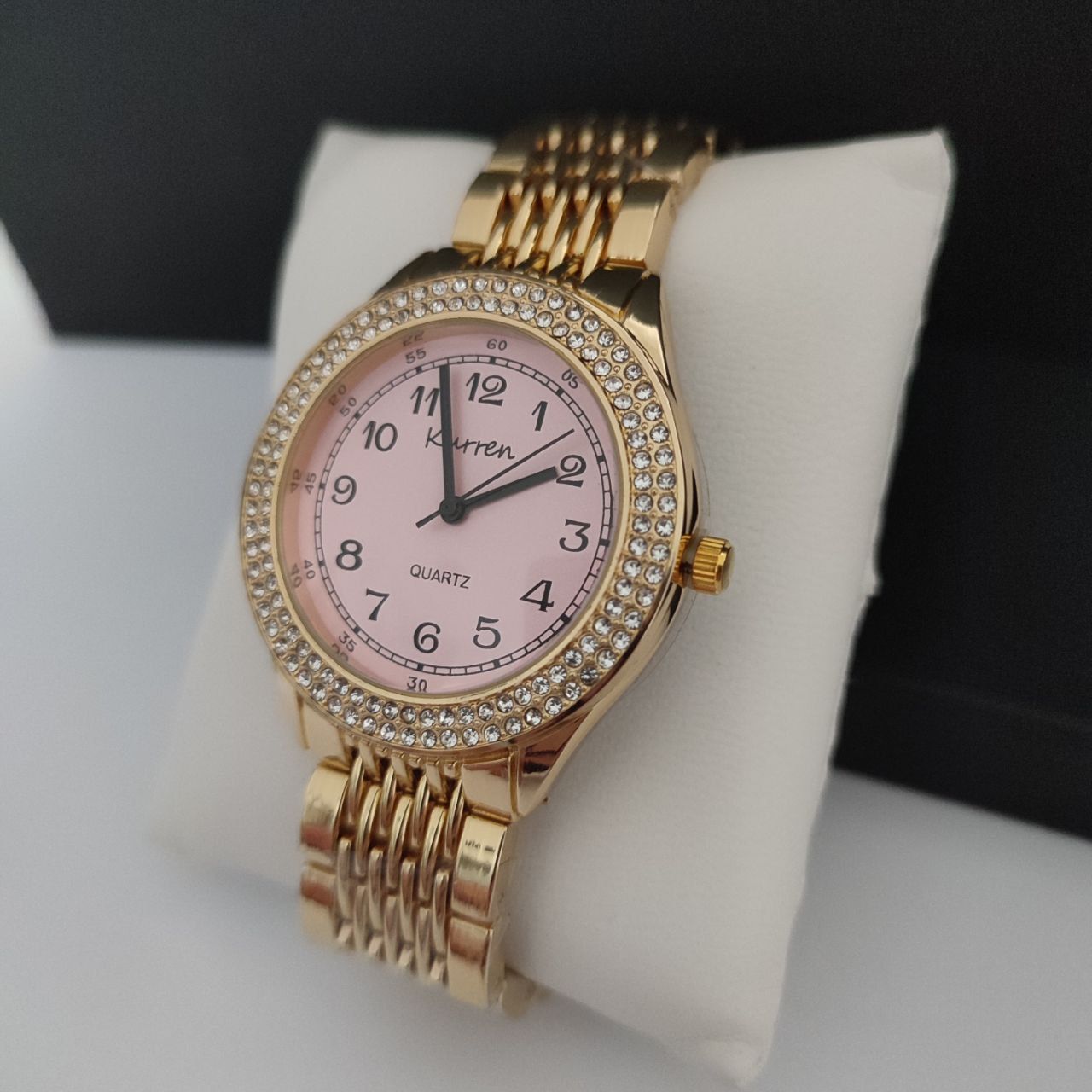 Zegarek damski złoty na bransolecie cyrkonie stylowy różowa tarcza