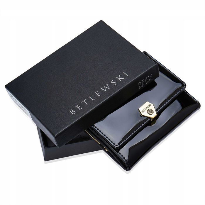 BETLEWSKI Portfel Damski Skórzany Czarny Lakierowany Mały Błyszczący