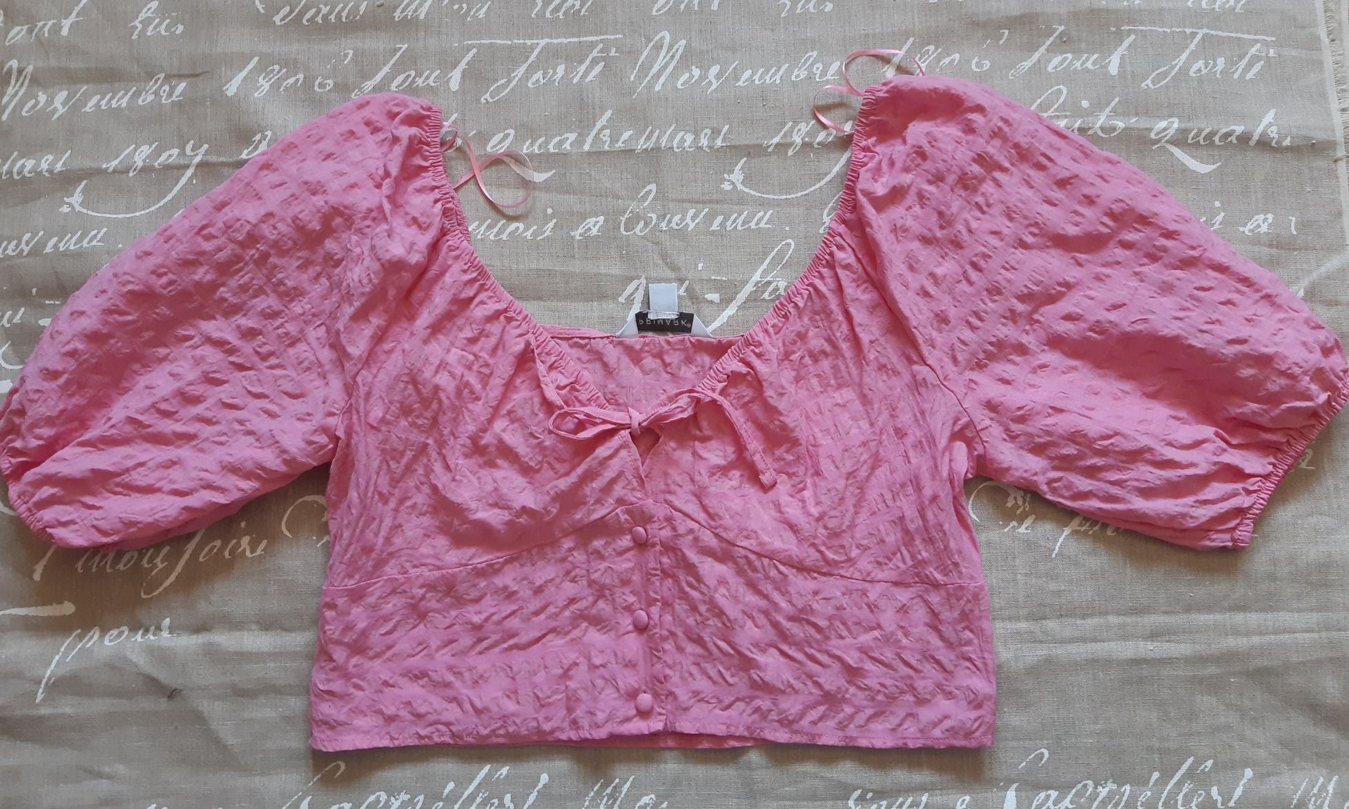 Różowa krótka bluzka z bufiastymi rękawami XL 42