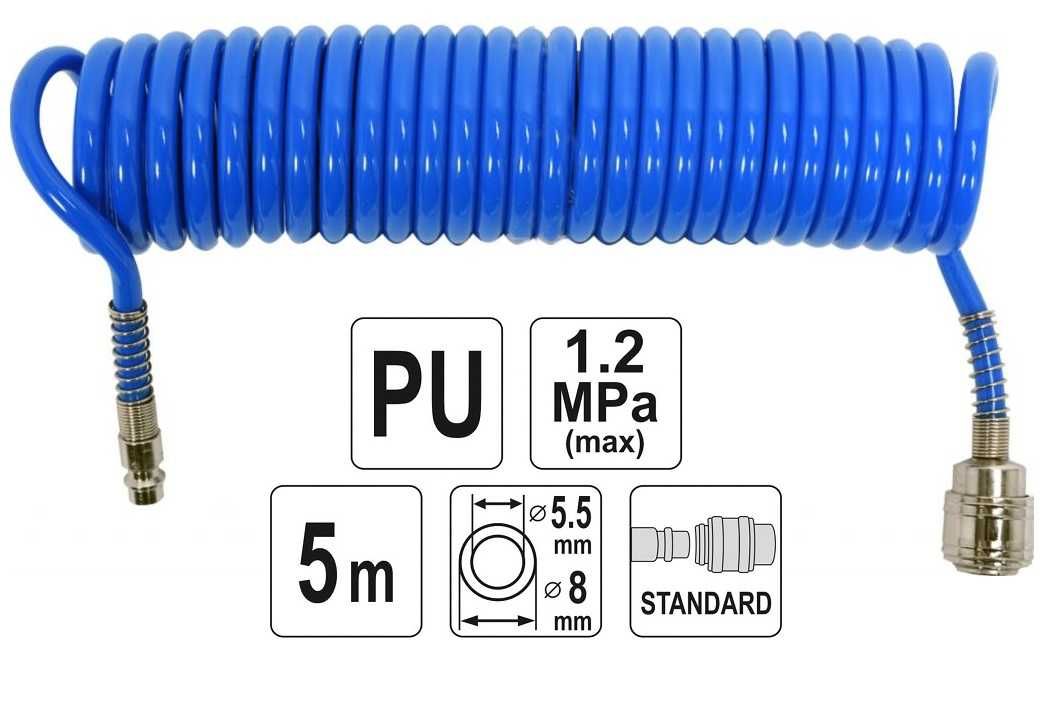 WĄŻ SPIRALNY powietrzny 5 m z szybkozłączami - szybkozłącza: 1/4 "