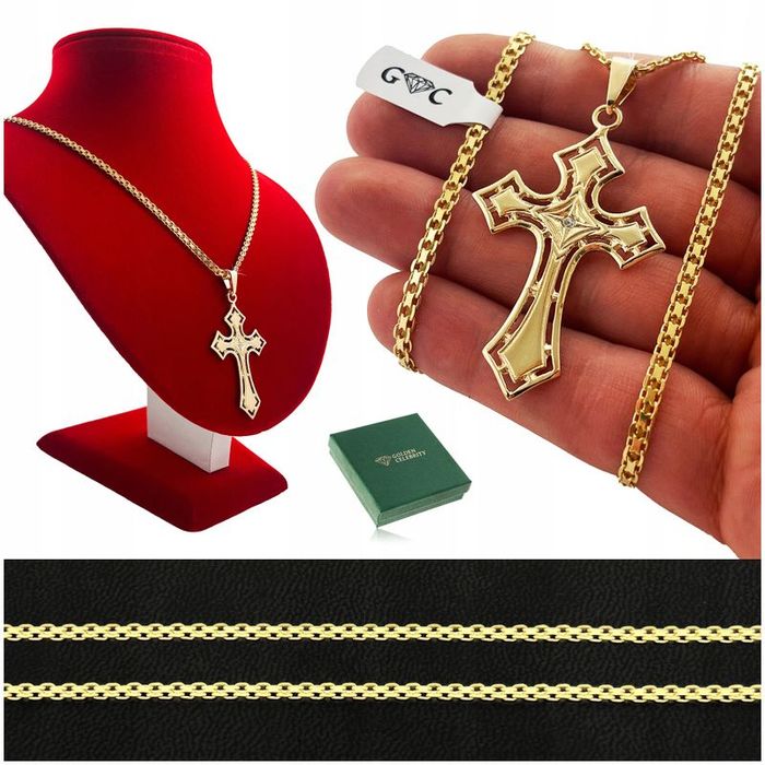 Elegancki Złoty Łańcuszek Męski Bismark + Duży Krzyżyk, Srebro 925 + G