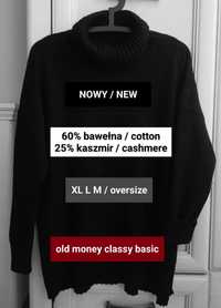 42 40 38 oversize czarny golf 100% kaszmir bawełna wełna premium nowy