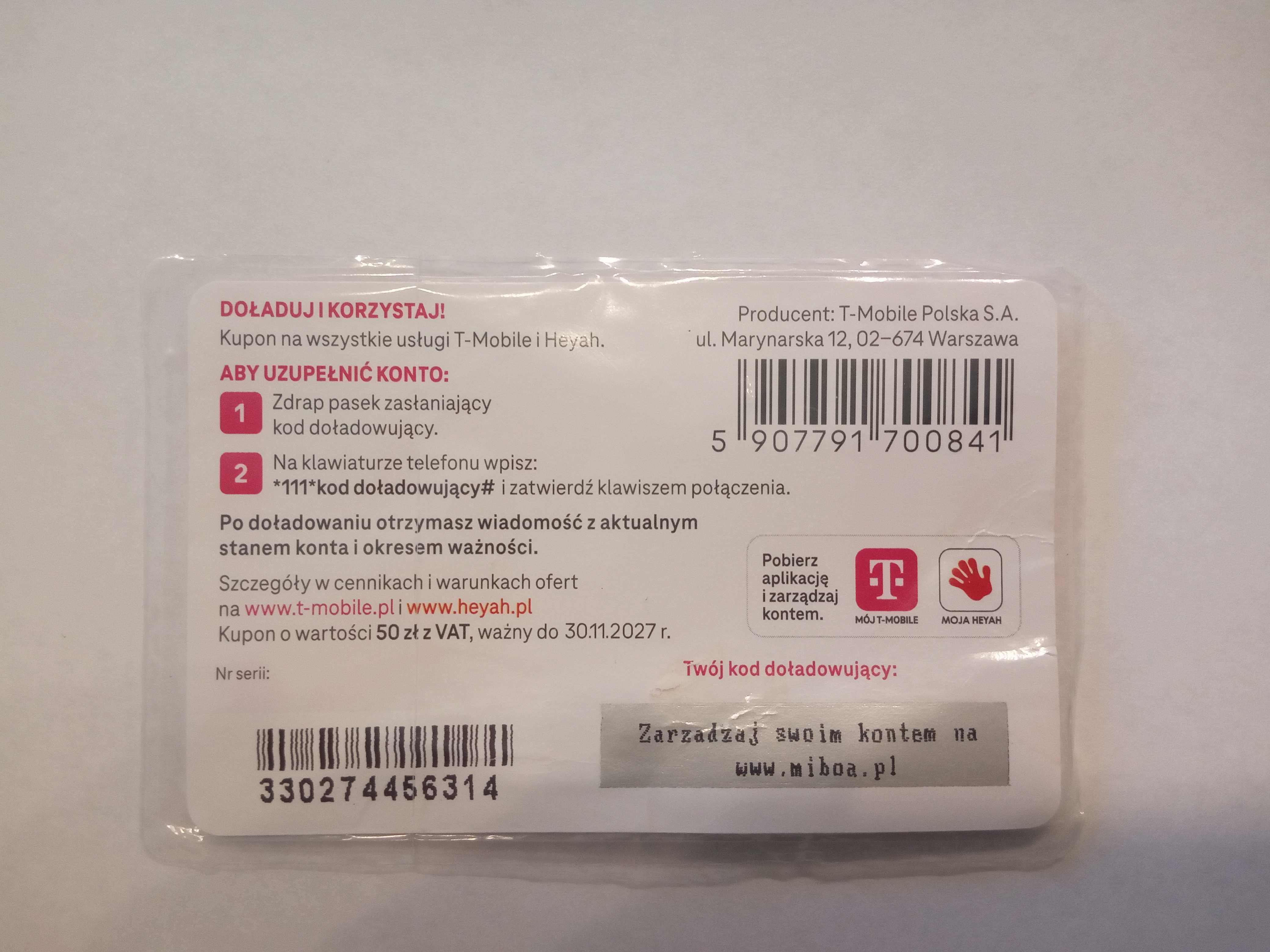 T-Mobile Heyah doładowanie 50zł TANIEJ ważne do 30.11.2027 r.