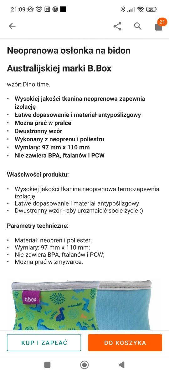 B.box Osłonka neoprenowa dinozaury , nakładki silikonowe, bidon b box