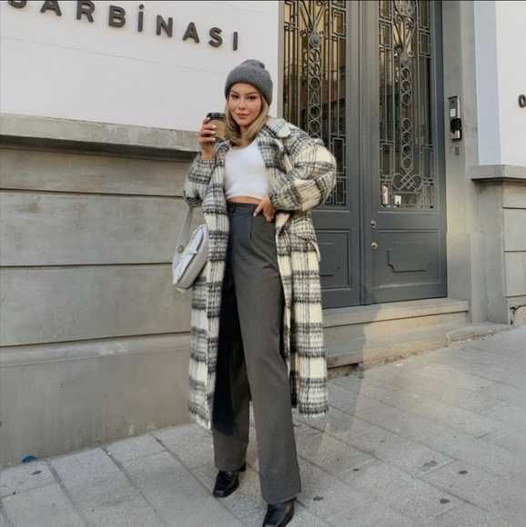 Płaszcz Zara wełna wełniany oversize krata kratka rozm L NOWY