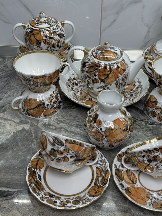 Вінтажний з кістяної порцеляни чайний сервіз Золота осінь ЛПЗ ЛФЗ