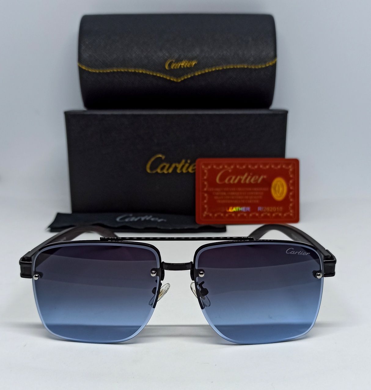 Cartier очки мужские классика серо синий градиент в черном металле