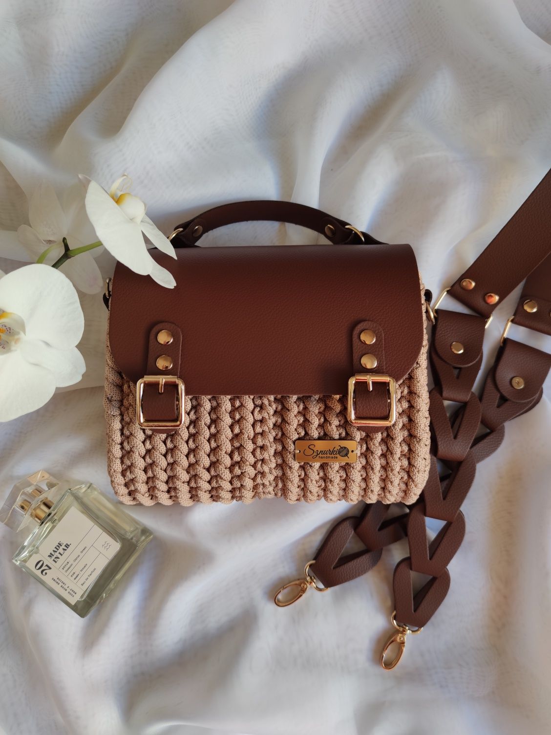 Torebka listonoszka skóra naturalna ręcznie szydełkowana handmade