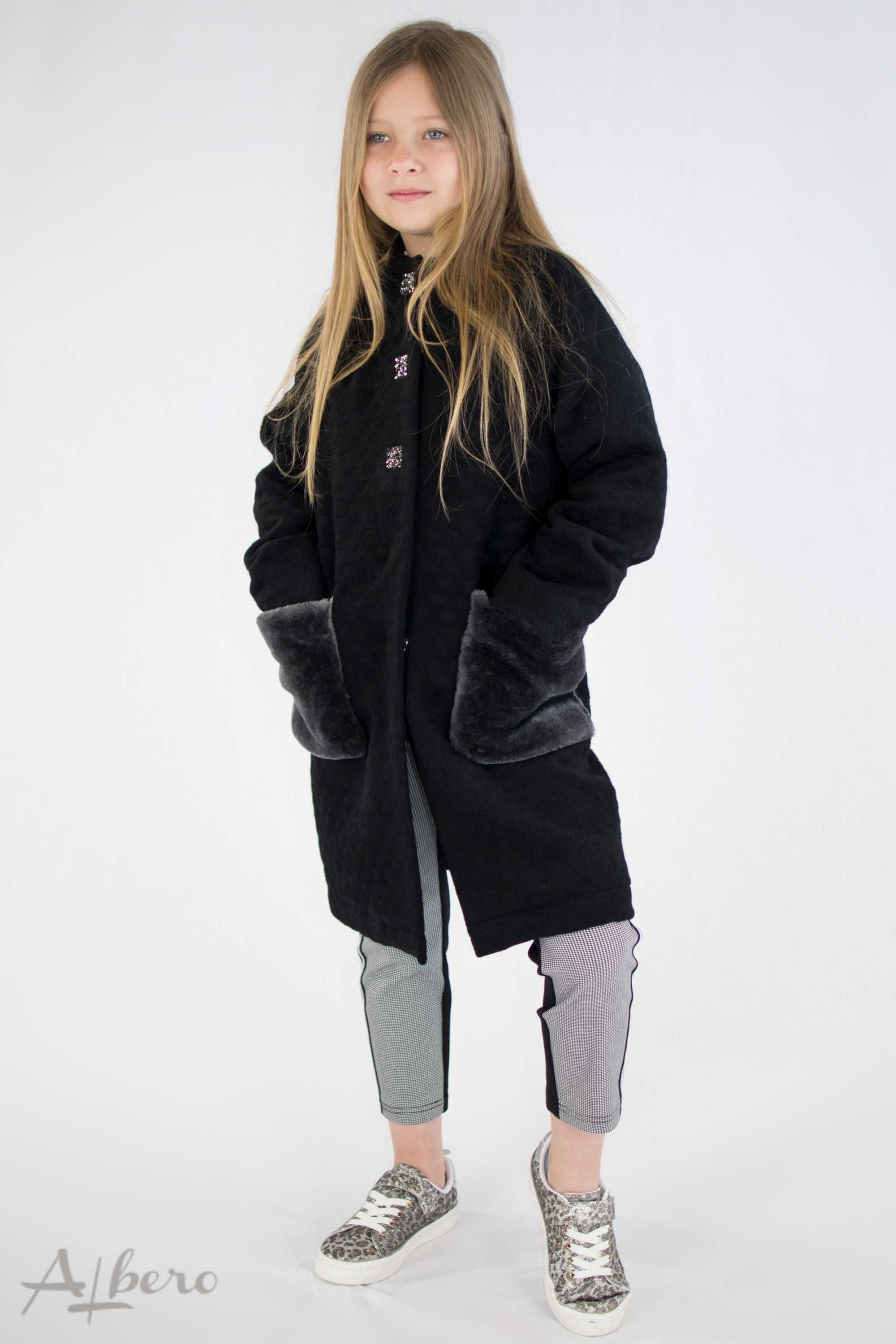 Пальто для девочки серое или черное с меховыми карманами 128-152рр