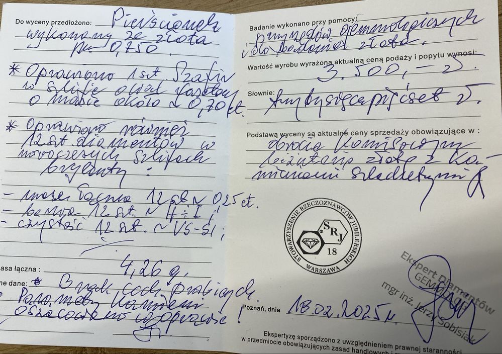 Złoty pierścionek z szafirem i diamentami 0,25ct CERTYFIKAT
