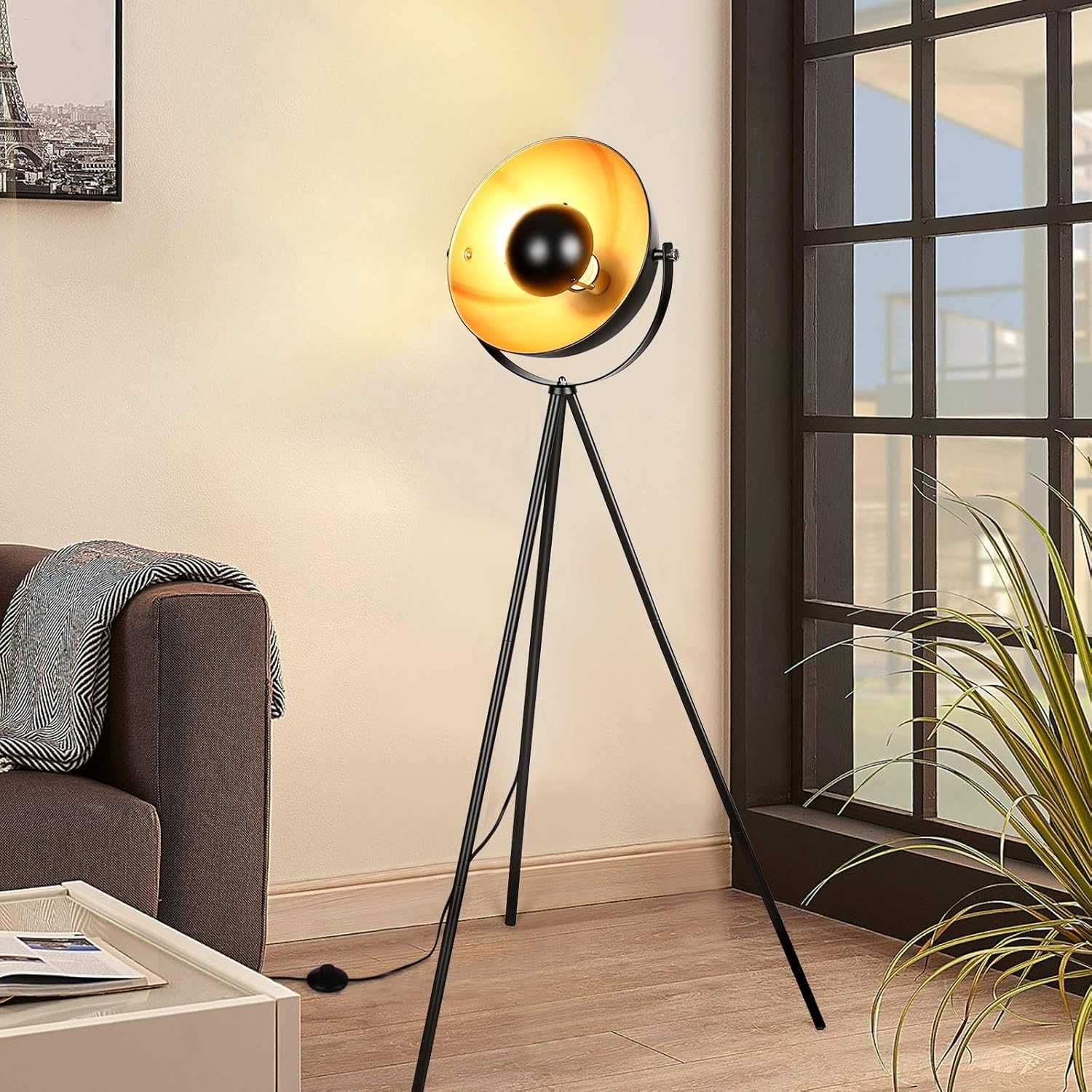 Retro lampa na trójnogu industrialna Lampa podłogowa czarno-złota