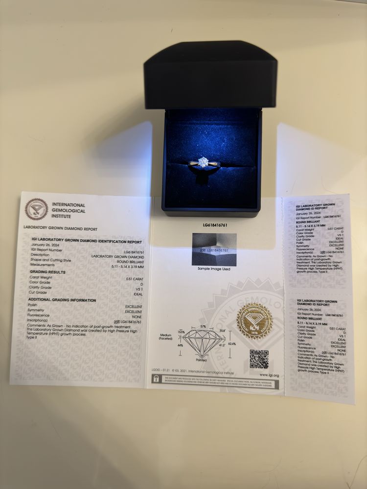 Pierścionek z diamentem 0,5 ct VS1 D, z brylantem, certyfikat IGI