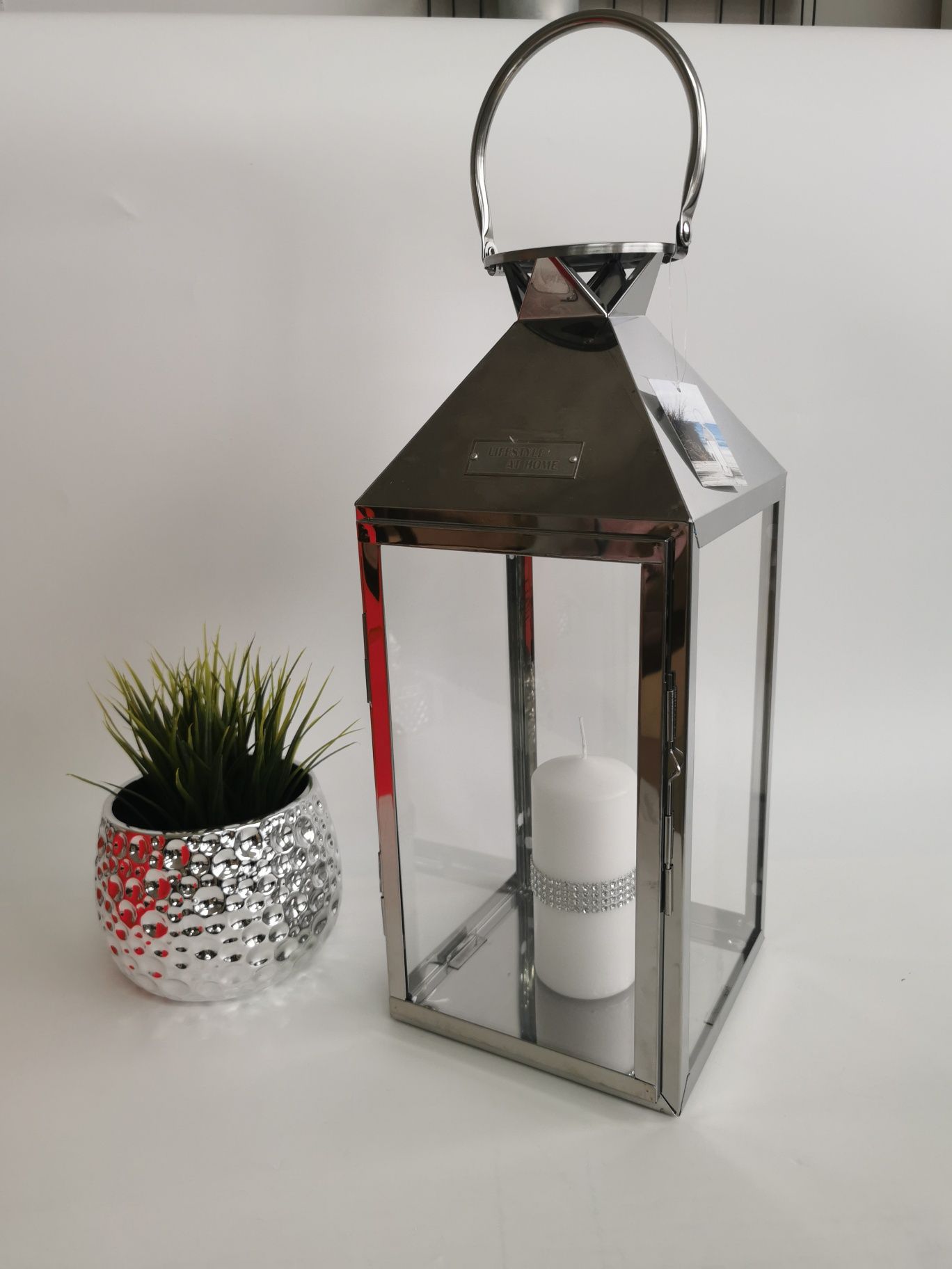 Latarnia, Lampion XL Glamour srebrny stylowy
