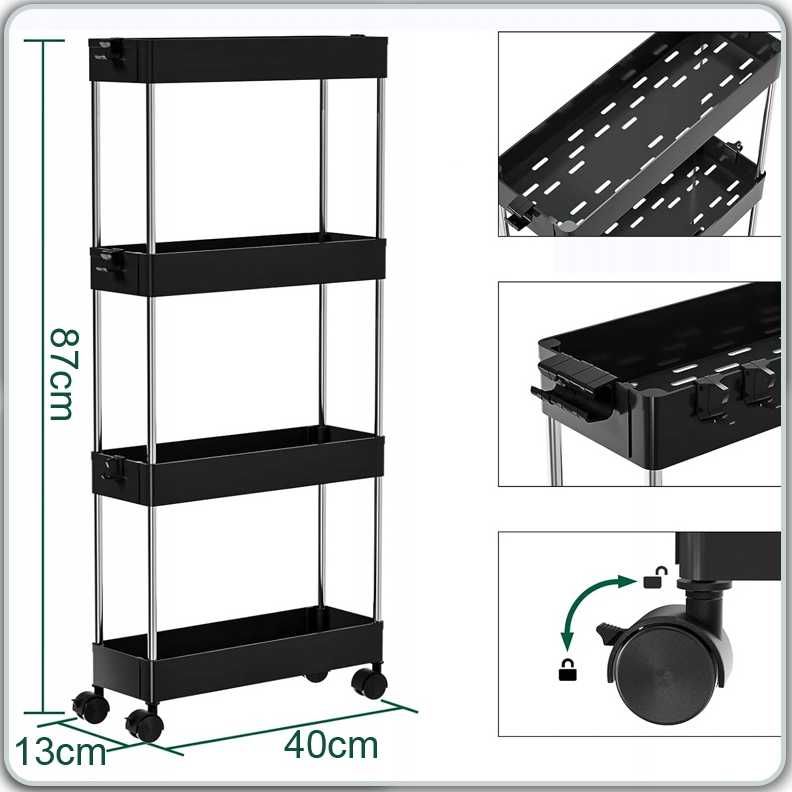 Półka Łazienkwoa Kuchenna Szafka na Kółkach Regał 4 poziomowy Czarny