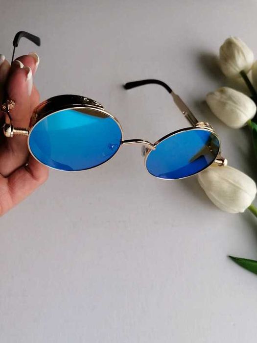 Okulary złote niebieskie okrągłe przeciwsłoneczne UV400 retro vintage