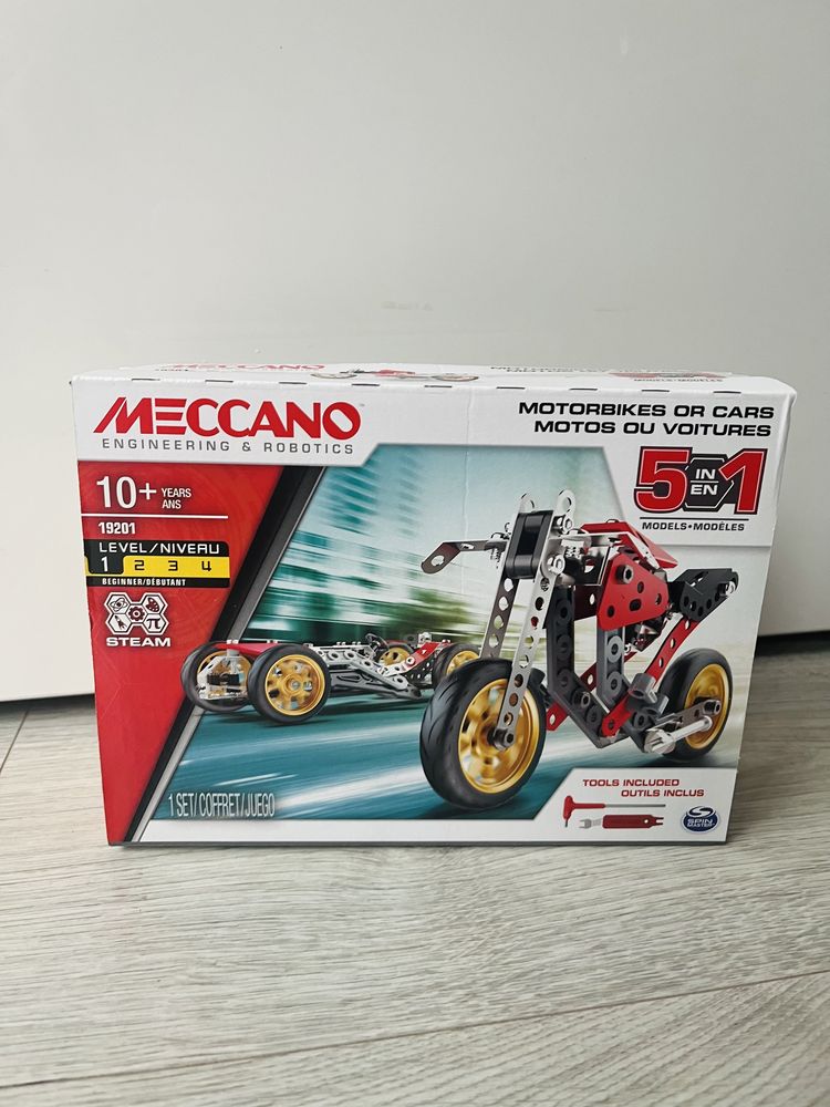 Meccano 5w1 klocki konstrukcyjne metalowe do skręcania budowania motor