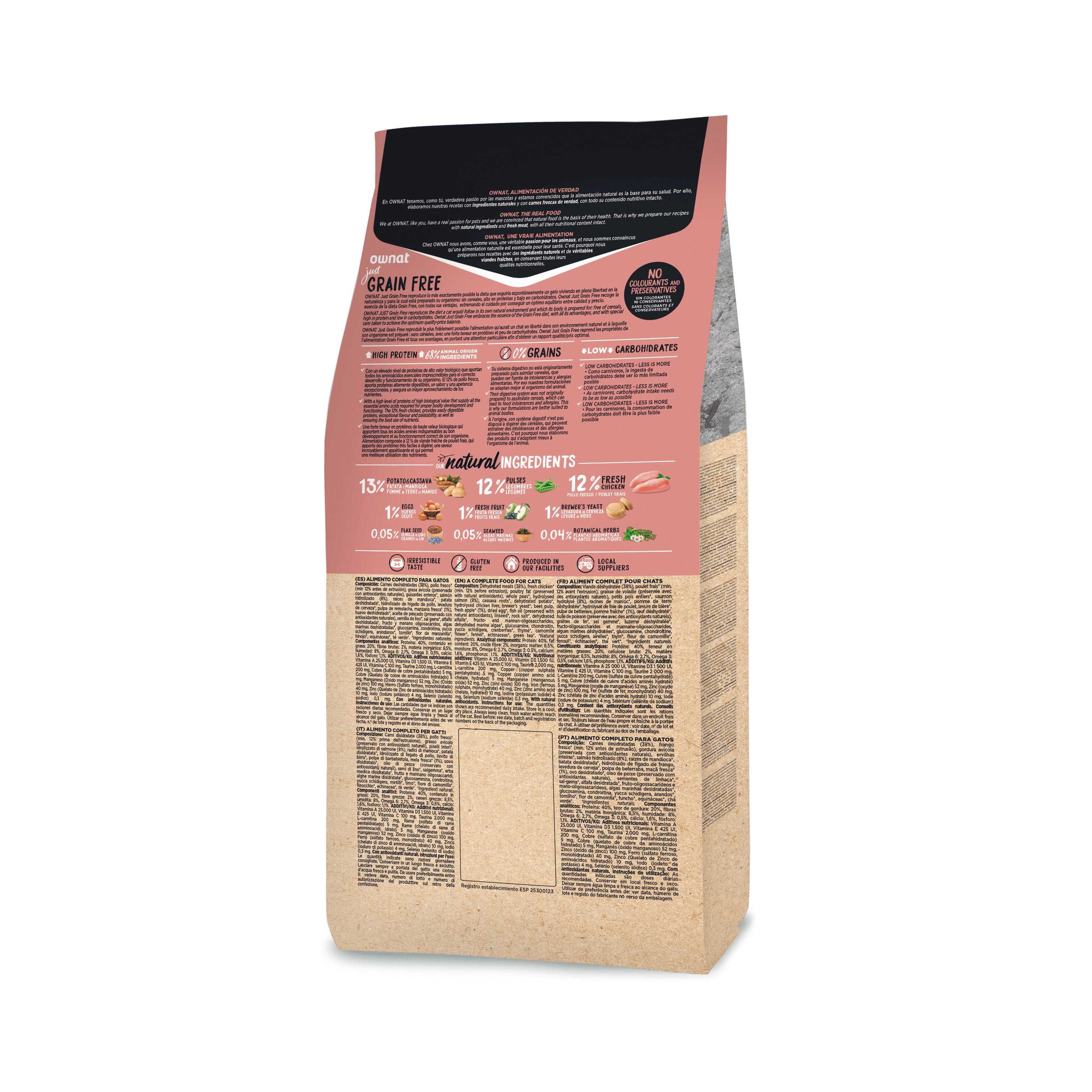 PORTES GRÁTIS - Ownat Gato Just Grain Free Adulto Frango 8kg