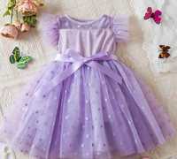 Elegancka sukienka tiulowa 122 groszki wstążka kolor liliowy