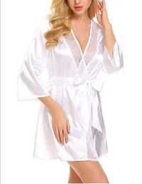 Білий жіночий атласний халат пеньюар L p.Атласный женский халат L p.