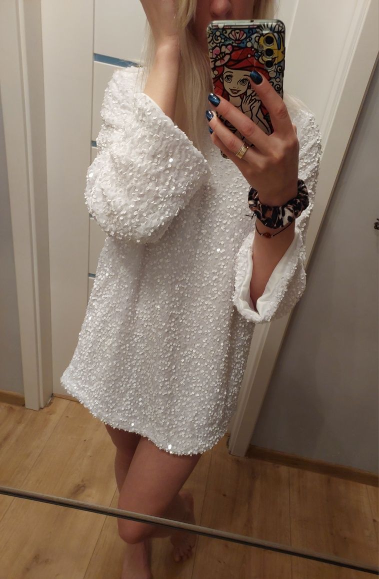 Biała sukienka cekinowa czarna kokarda hit tik tok instagram s m