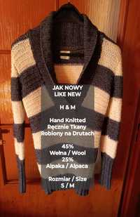 H&M  Ręcznie tkany damski dłuższy sweter/tunika z wełny i alpaki, S/M