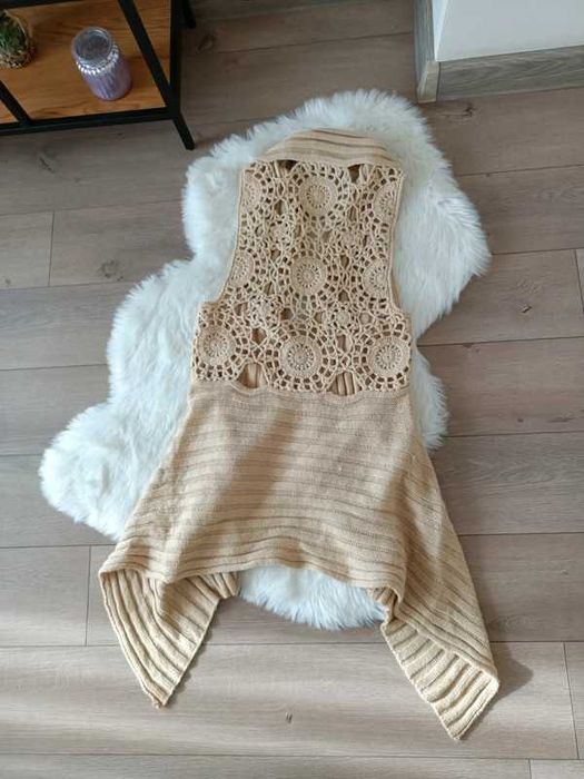 kamizelka narzutka  z wełną ażurowe plecy retro vintage M-XL