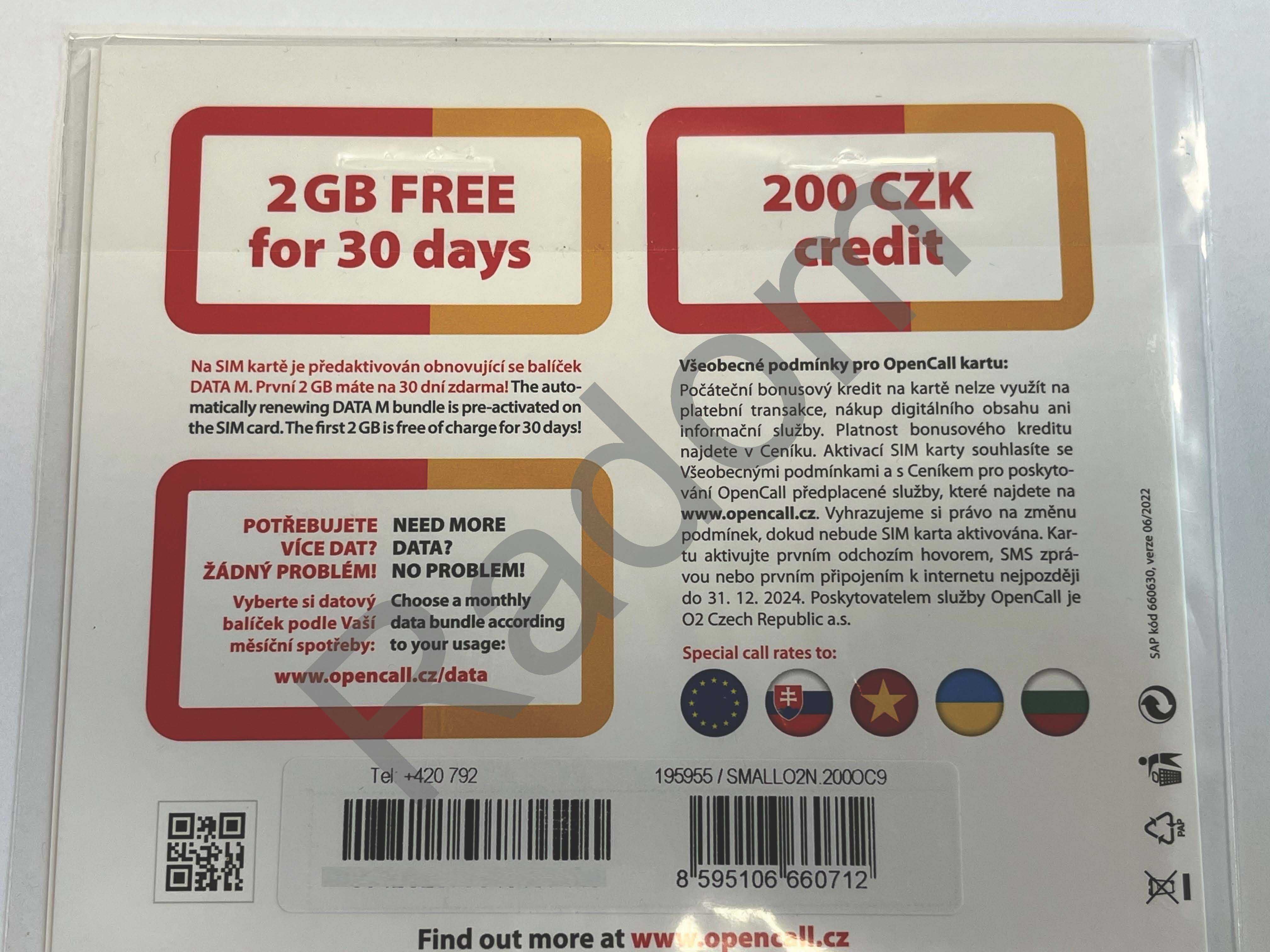 Czechy 12GB sim karta Opencall 200kc czeski starter nowy sieci O2