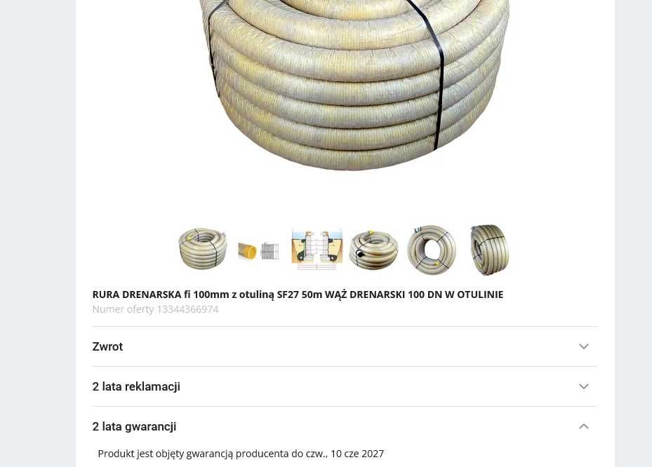 Rura drenarska FI 100MM z otulinąSF27 50M + trójnik