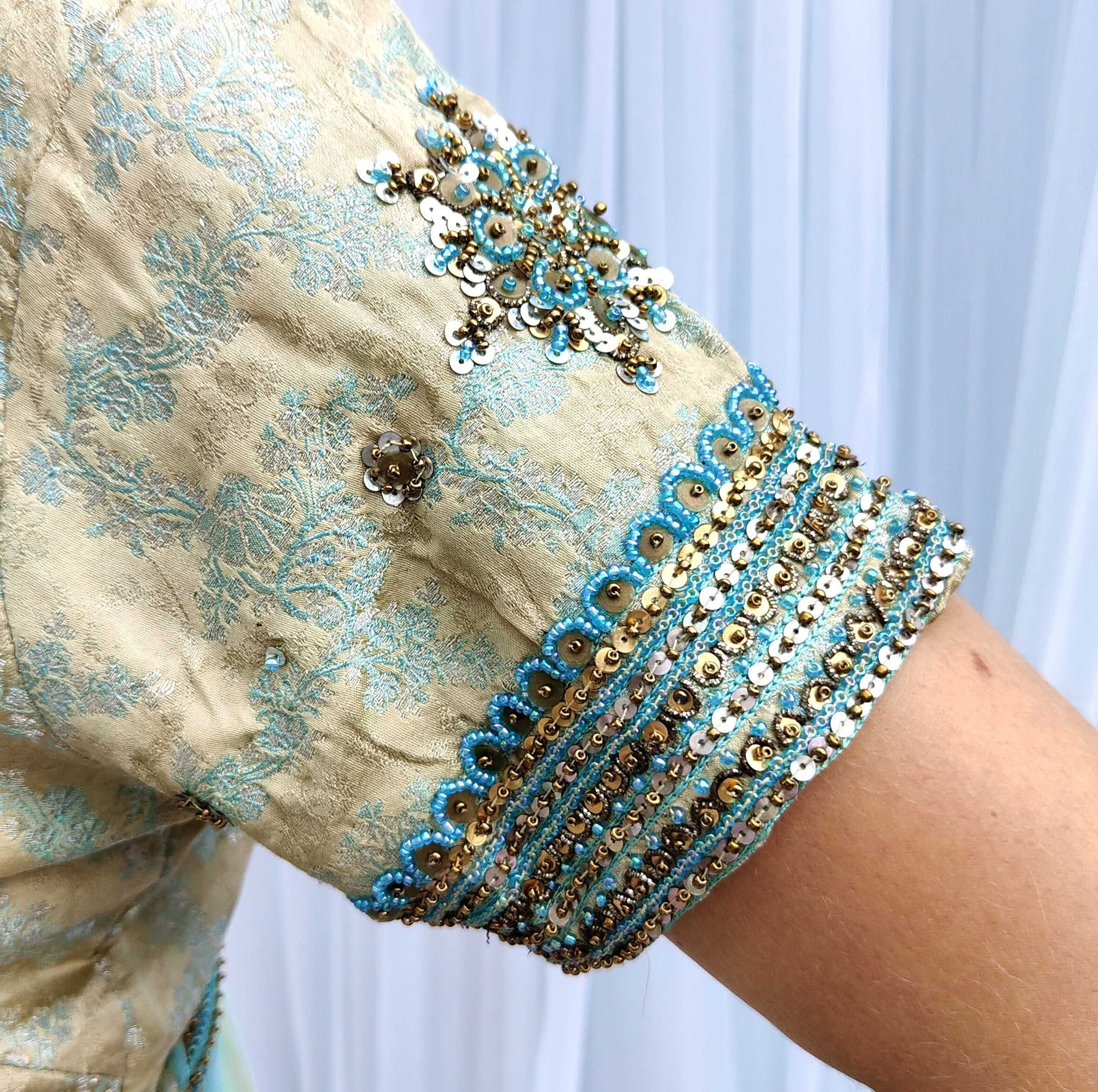 Piękne zdobione sari beż turkus saree Bollywood suknia sukienka szyfon
