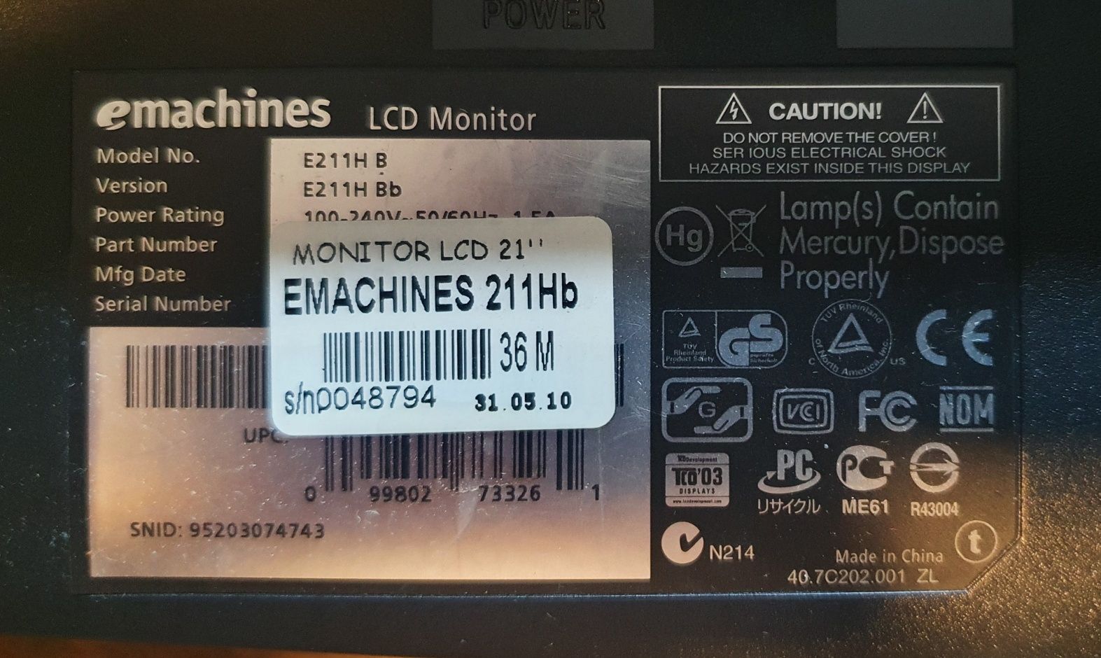 Monitor Emachines 21'