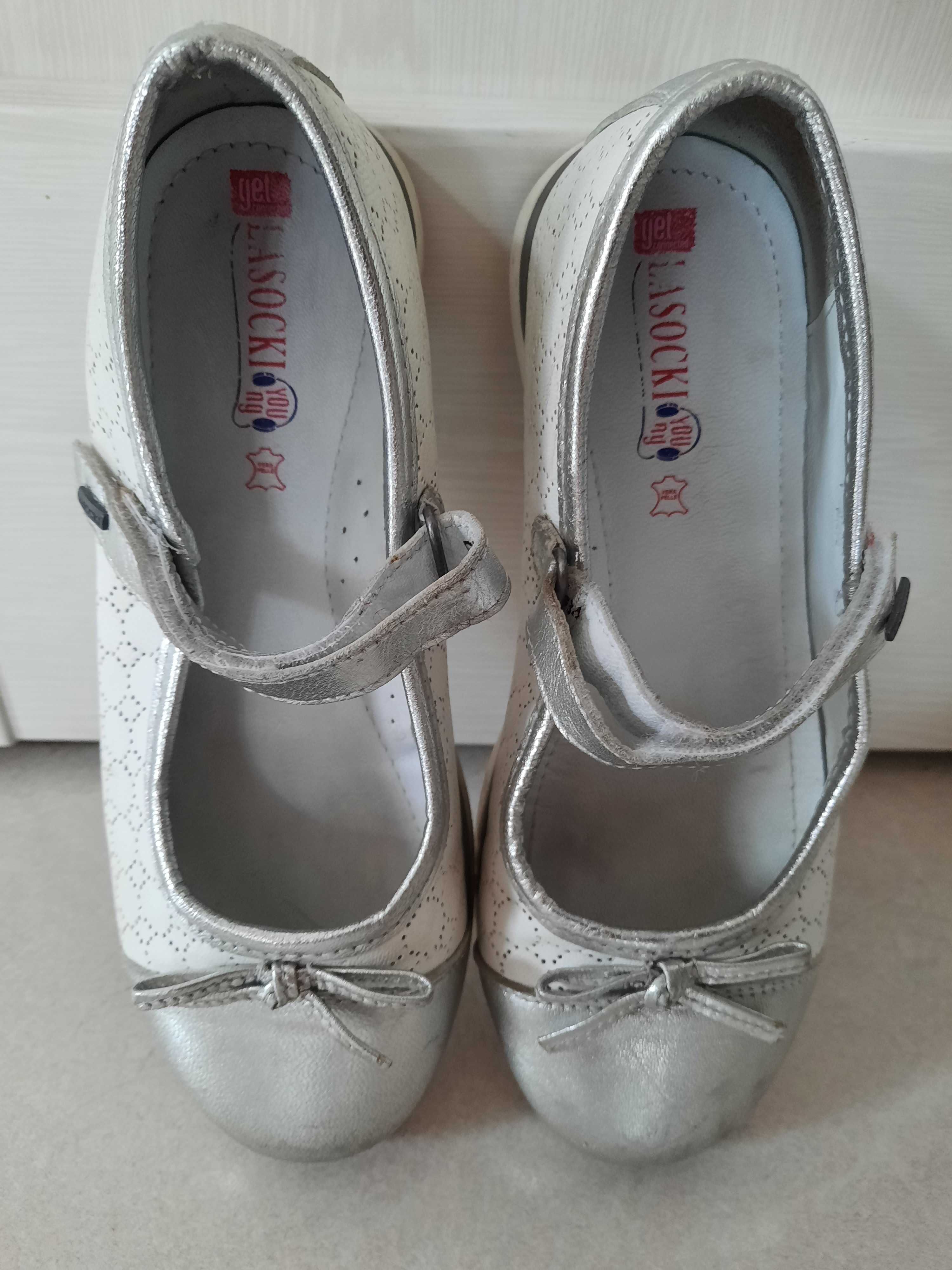 Lasocki 34 skórzane baleriny buty, białe, srebrne, skórzana wkładka