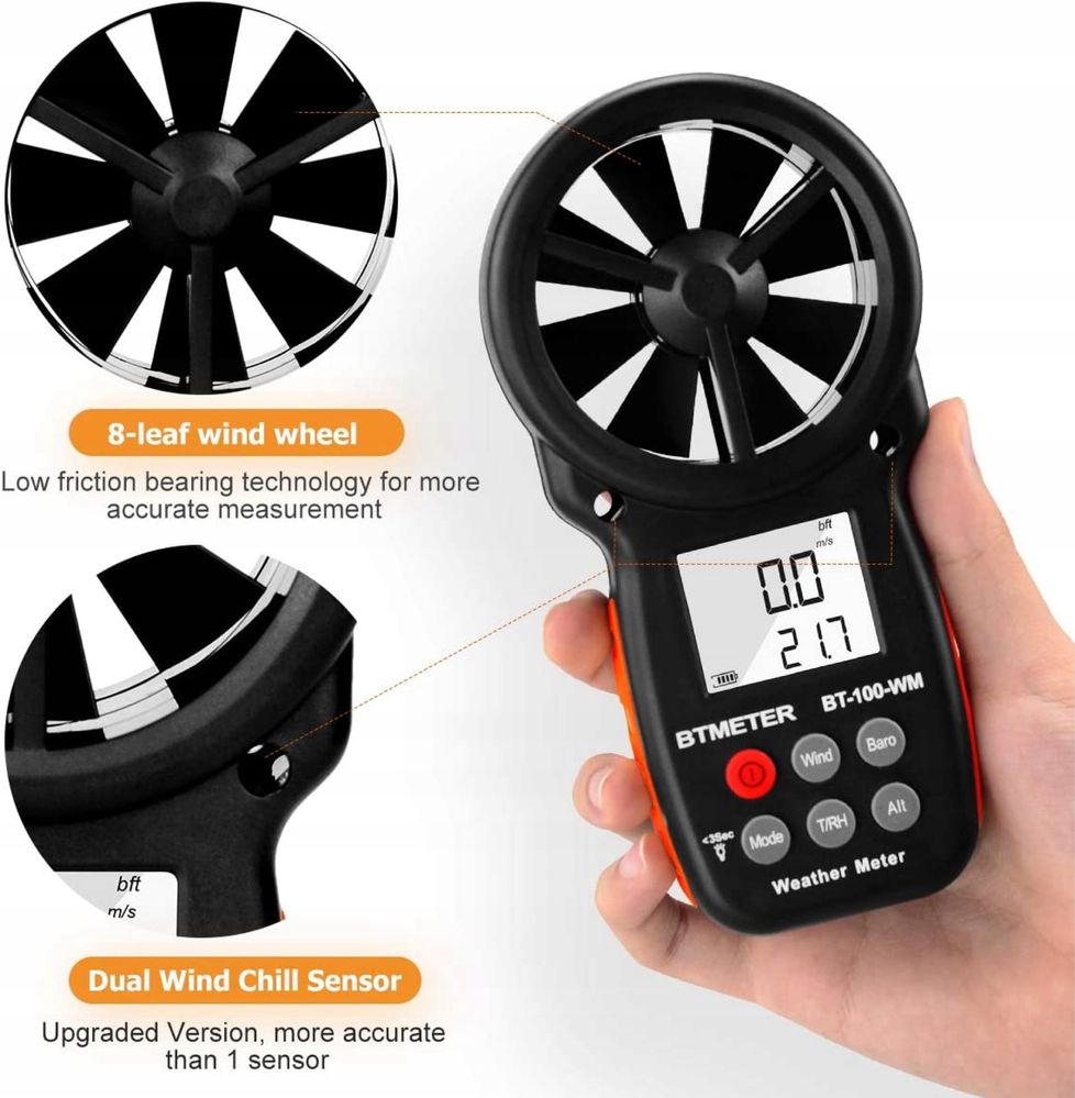 BTMETER BT-100 cyfrowy anemometr z pomiarem temperatury (C/F)