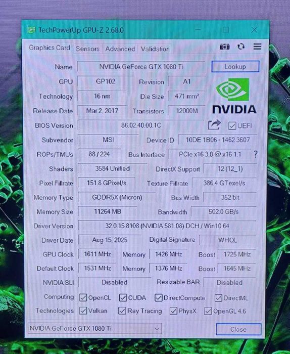 Відеокарта MSI Armor GTX 1080 Ti OC 11Gb