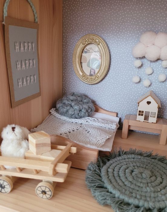 Piękny domek dla myszek  boho   wnętrze mebelko drewniany dla lalek