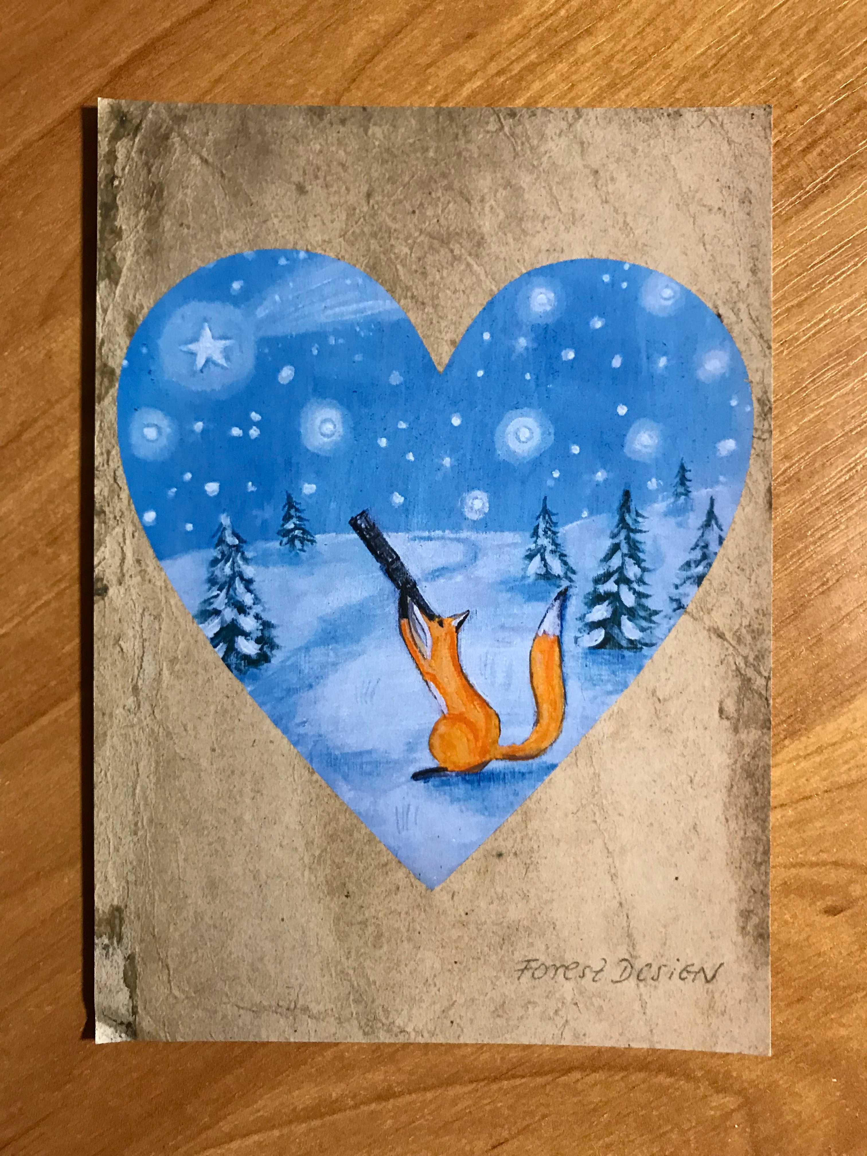Pocztówka Forest Design Lisek Lis Heart Zima postcard