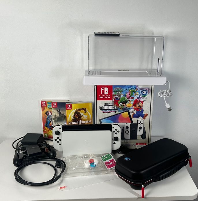Nintendo Switch OLED Branco + 3 Jogos + Acessórios (Como Novo)