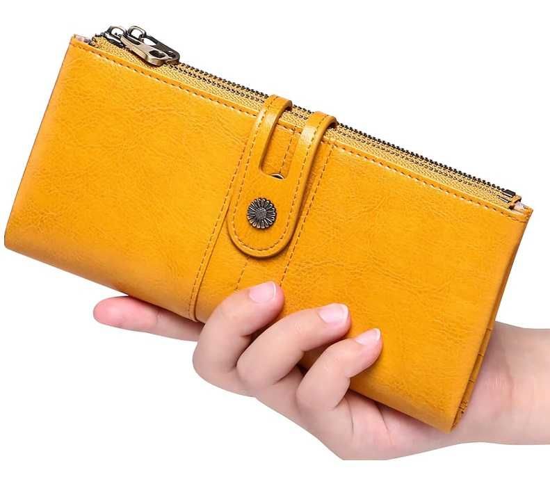 Portfel damski żółty skórzany Falan Mule, blokada RFID