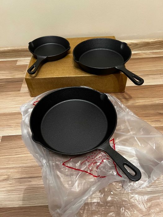 Patelnia żeliwna- 3szt Zestaw , głęboka I Indukcja, gaz, ognisko T544