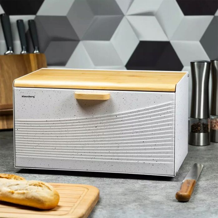 efektowny chlebak stalowy biały marmurek deska 23,5 x 35,5 x 21 cm.