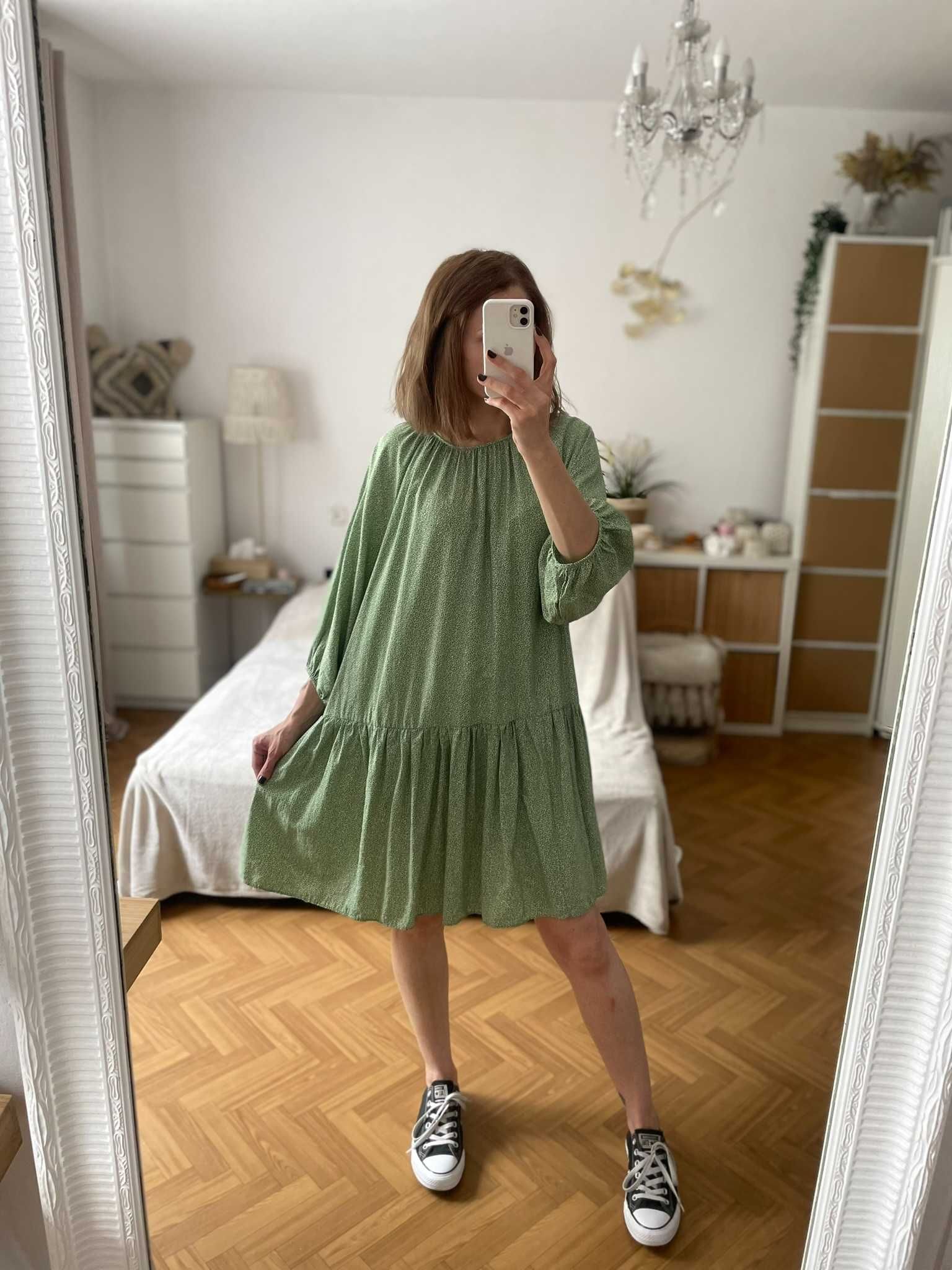 H&M sukienka babydoll zielona w kwiaty letnia oversize wiskoza M 38