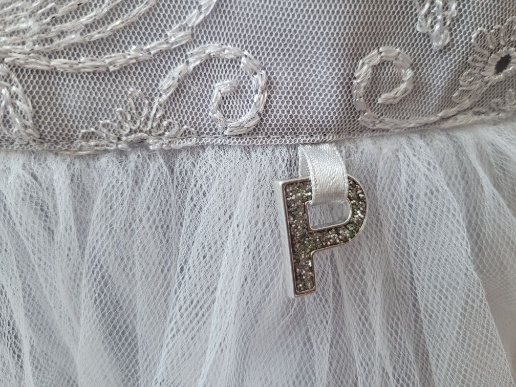 SLY sukienka święta wesele komunia balowa szara tiulowa 128-134