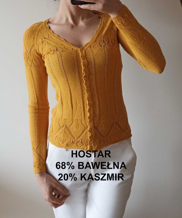 Musztardowy sweterek Hostar unikat ażur kaszmir