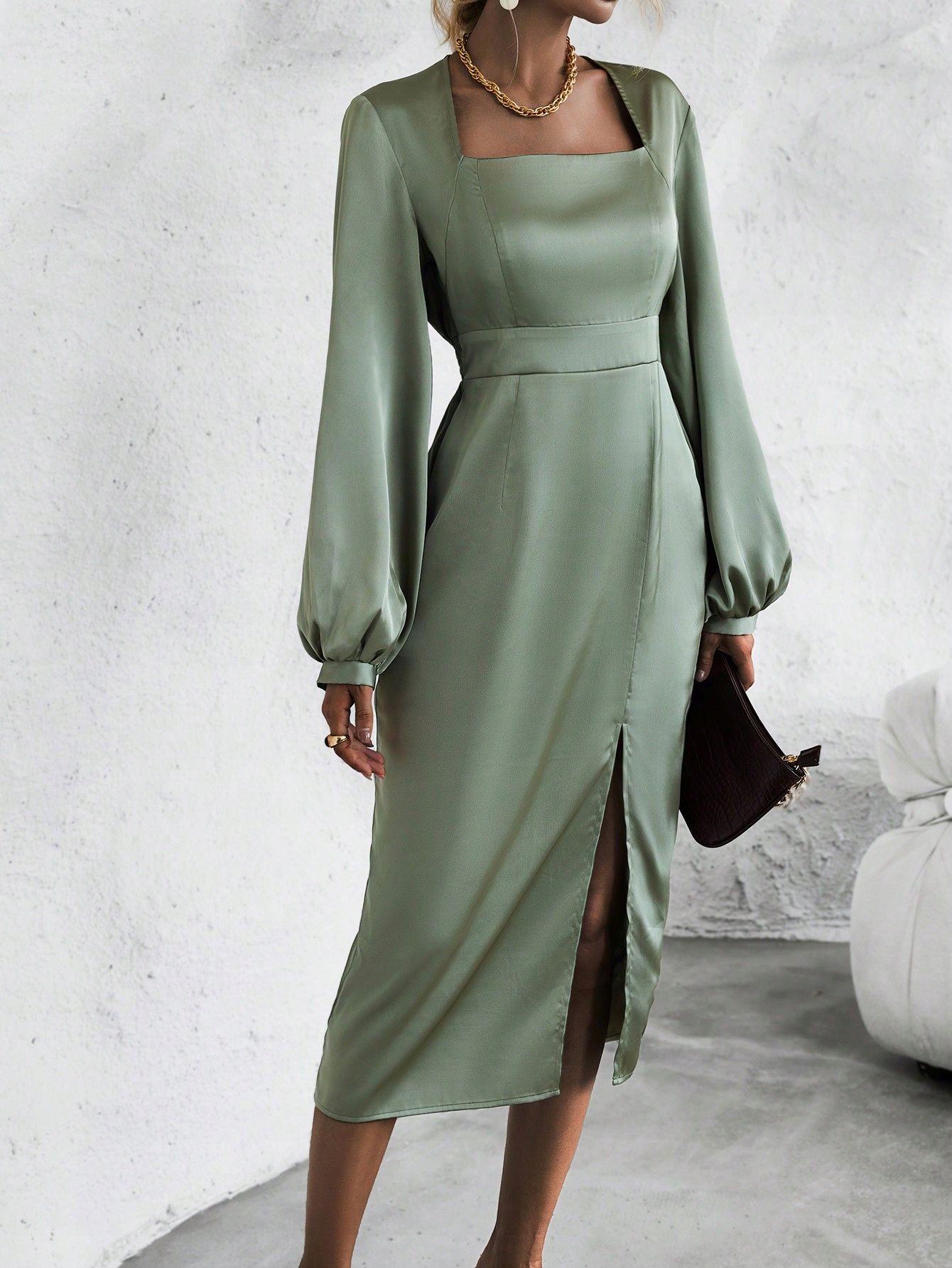 Sukienka Elegancka Satynowa Midi Z Rozcięciem Miętowa Shein S 36