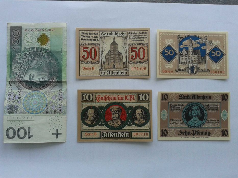 Olsztyn Allenstein komplet 4 sztuk, Banknoty rok 1921 - kolejne serie