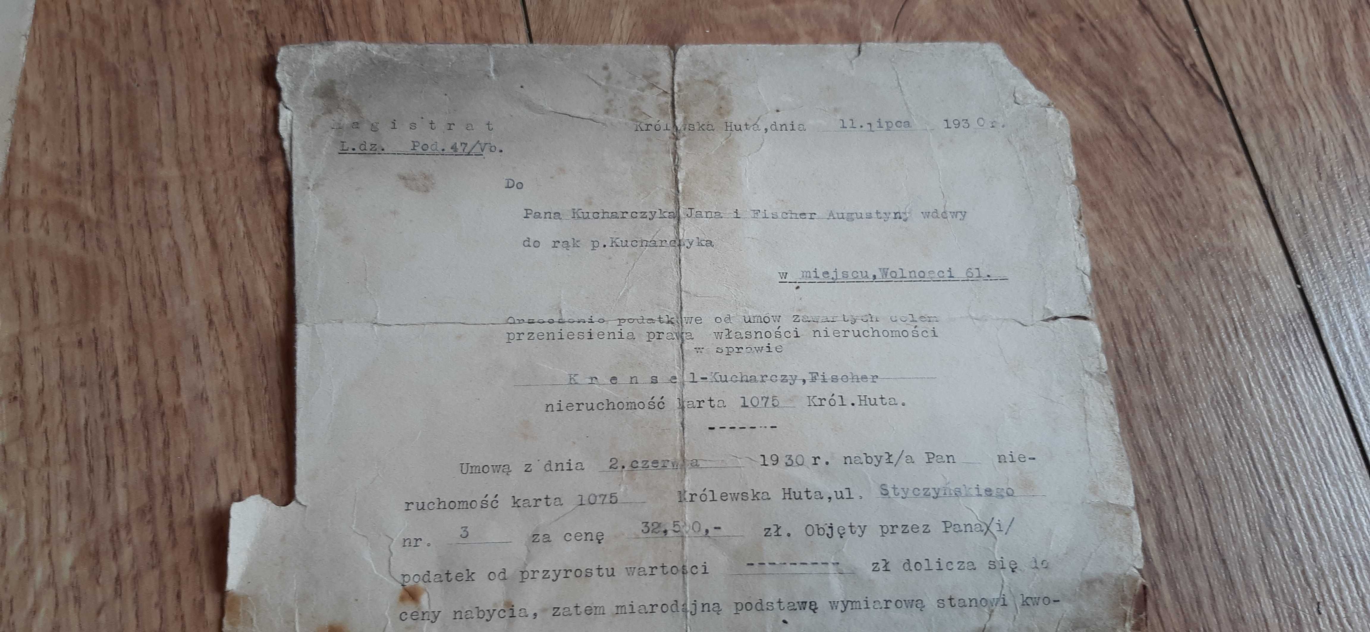 stary dokument przed 2 wojną światową 1930rok