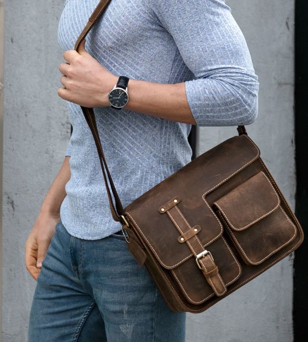 Кожаная мужская сумка через плече ручной работы. Натуральная кожа
