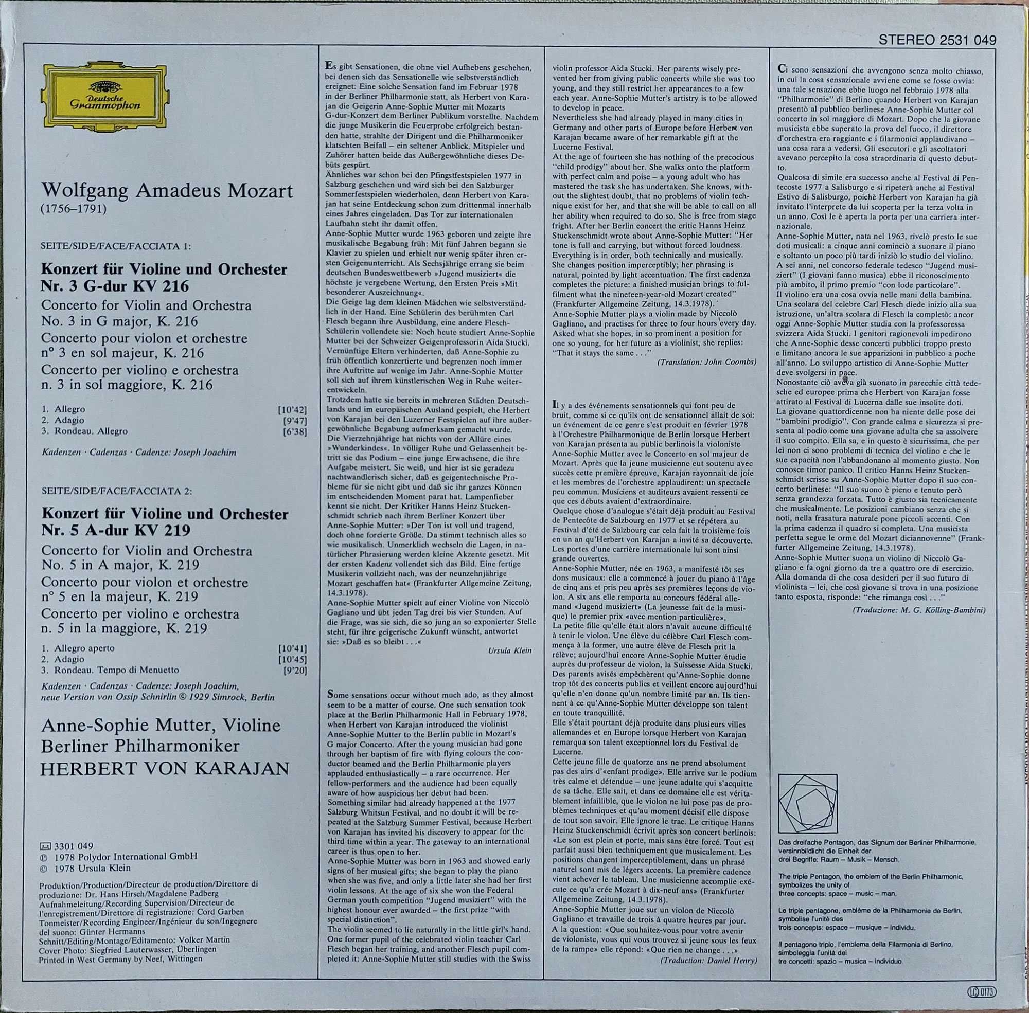 Mozart Violinconzerte, Karajan, Mutter, Deutsche Grammophon, winyl, LP