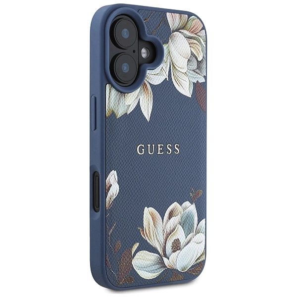 Etui Guess Grained Printed Flower Pattern MagSafe do iPhone 16 niebies