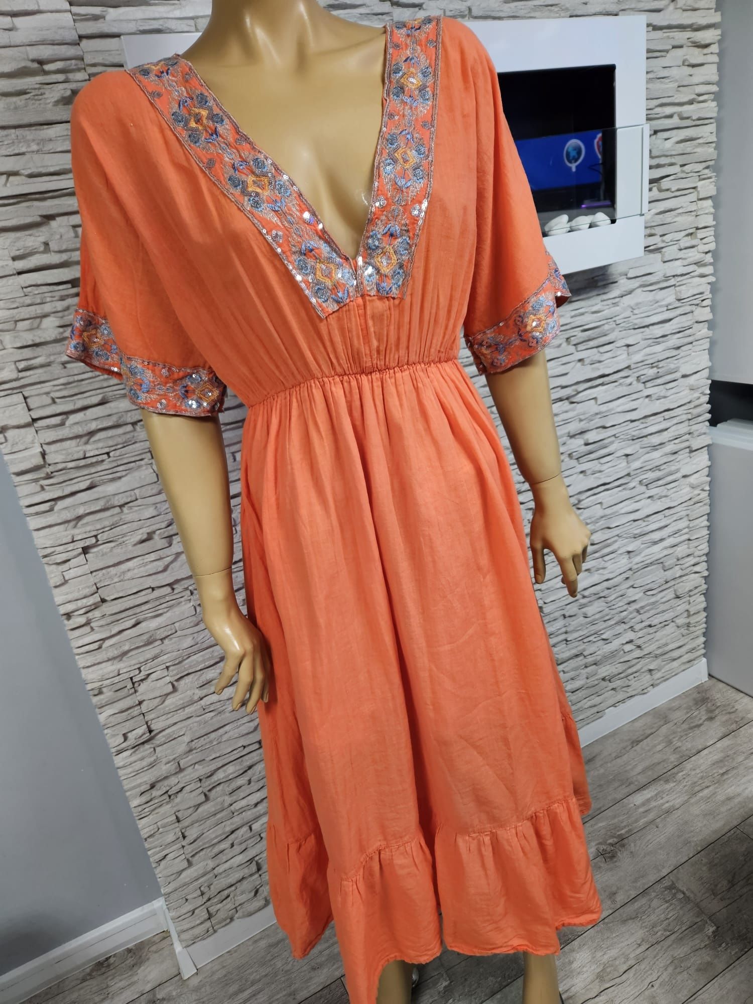 Nowa z metka sukienka włoska cekiny pomarańczowa midi Altamira Milano