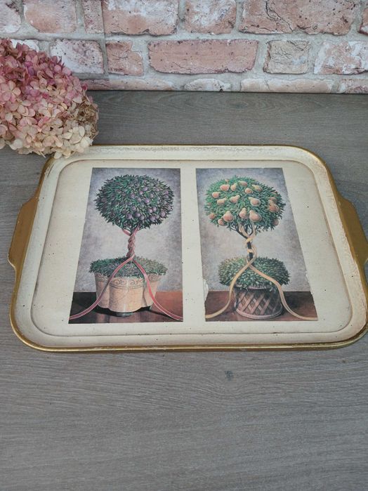 Dekoracja drewniana taca motyw roślinny 40x30cm